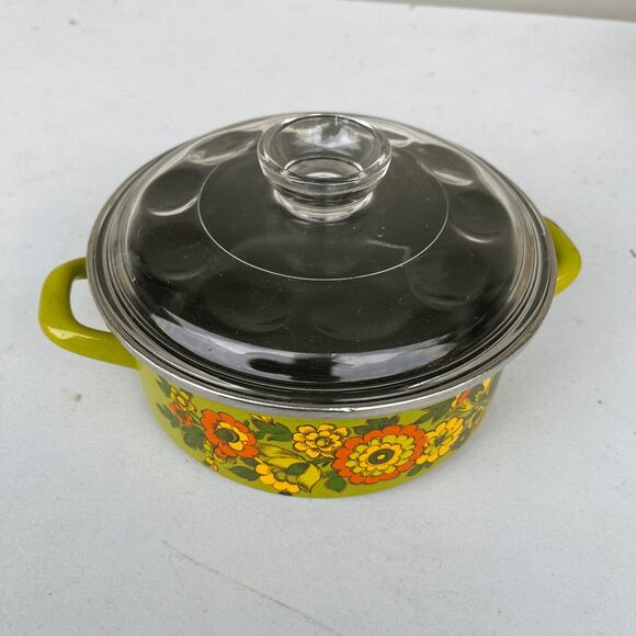 VTG 70s Avocado Green Floral Enamel Pot w/ Glass Lid Retro Boho Kitchen Decor - Picture 9 of 14